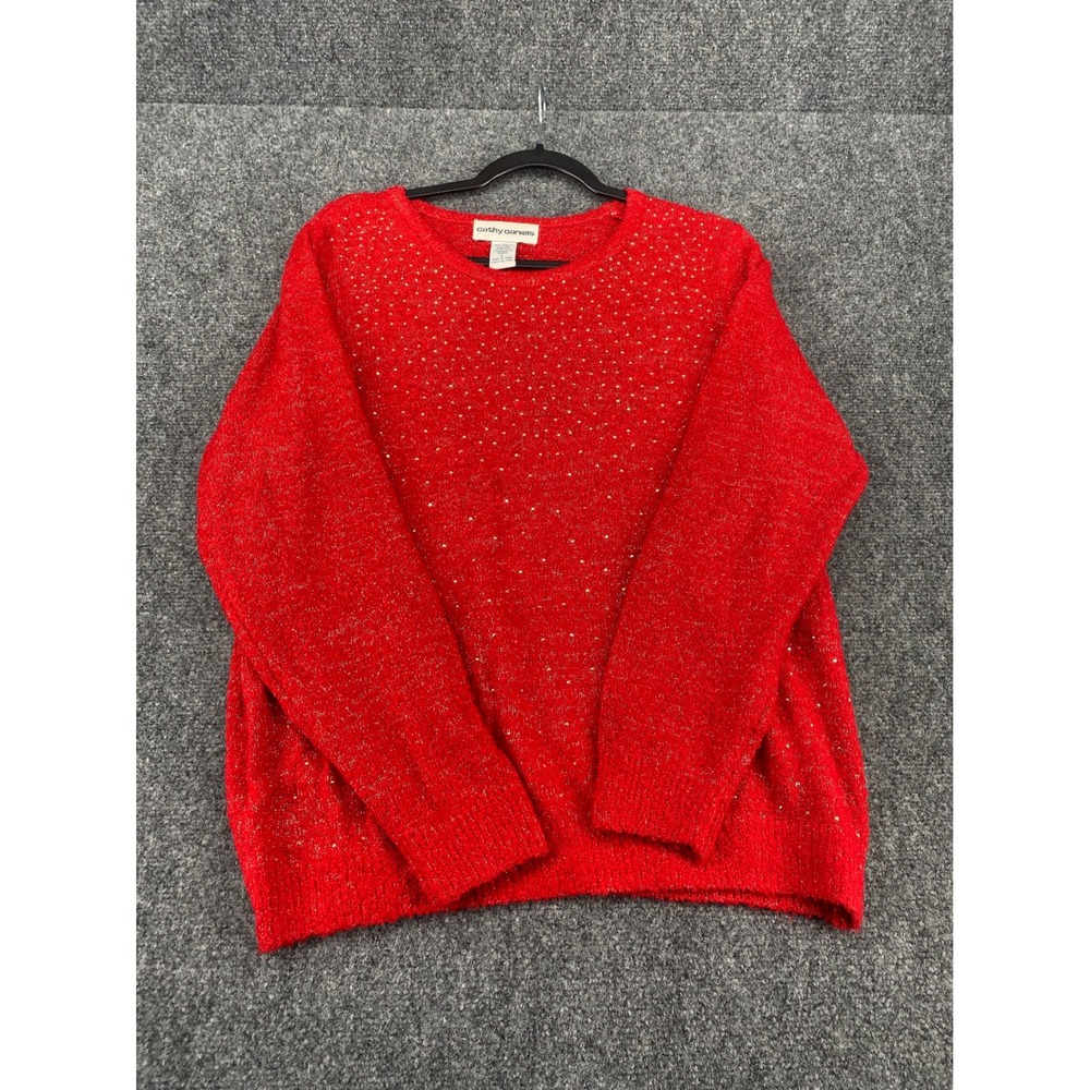 Cathy Daniels Red Sparkle Knit Sweater Women Large Lurex Rhinestone Holiday Crew